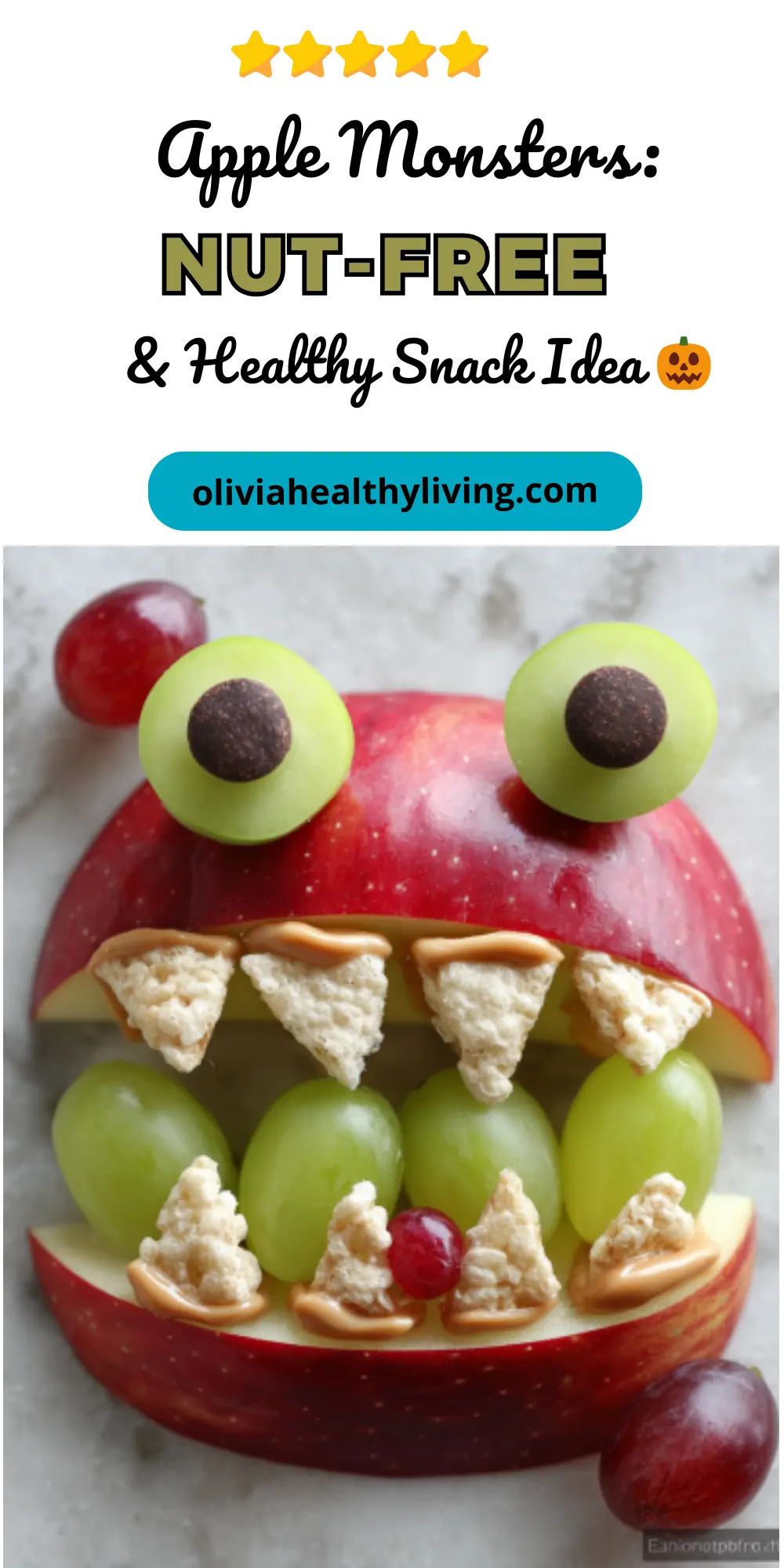 Social media style promotional image for Apple Monsters recipe with 5-star rating and website branding