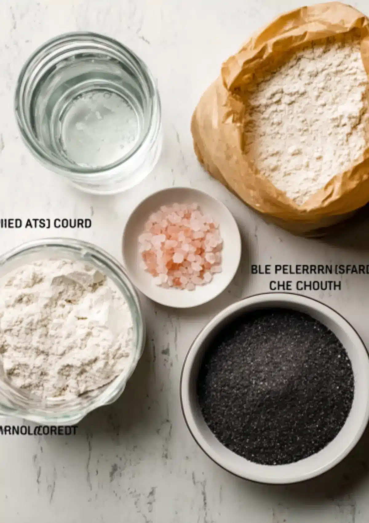 Sourdough ingredients including flour, salt, and charcoal powder