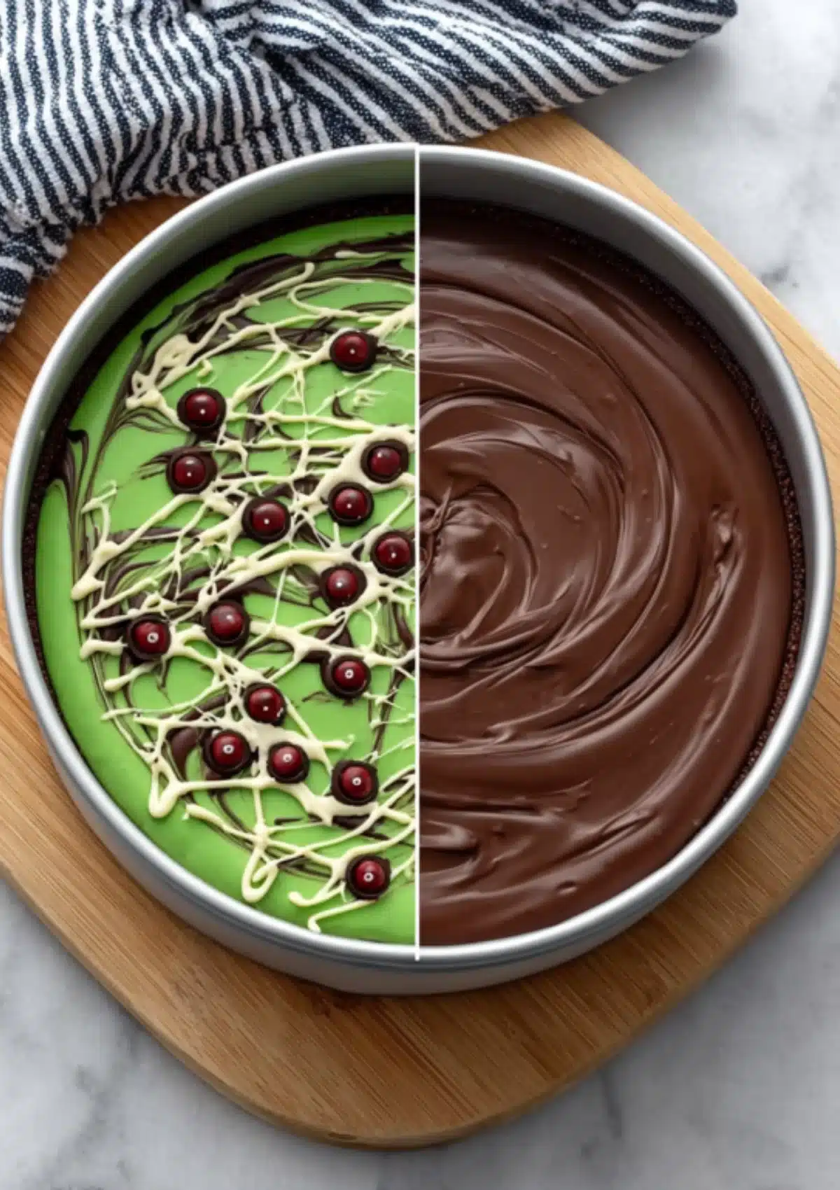 Split-screen view of chocolate mixture in a round pan showing plain chocolate