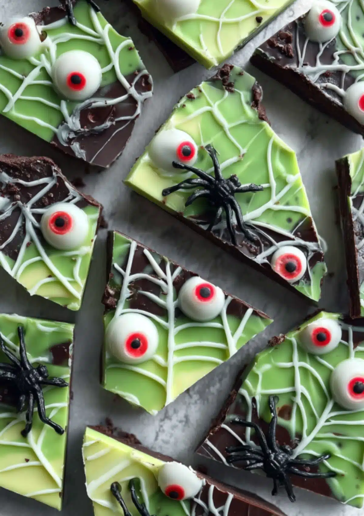 Spooky Halloween chocolate bark pieces with green swirled chocolate