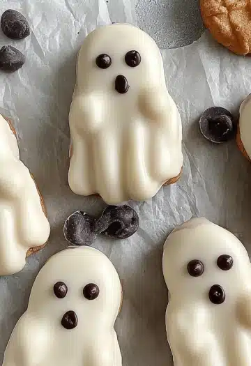 Top-down view of completed Nutter Butter ghost cookies