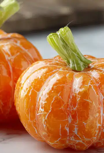 Two peeled oranges with celery stems positioned on white marble countertop