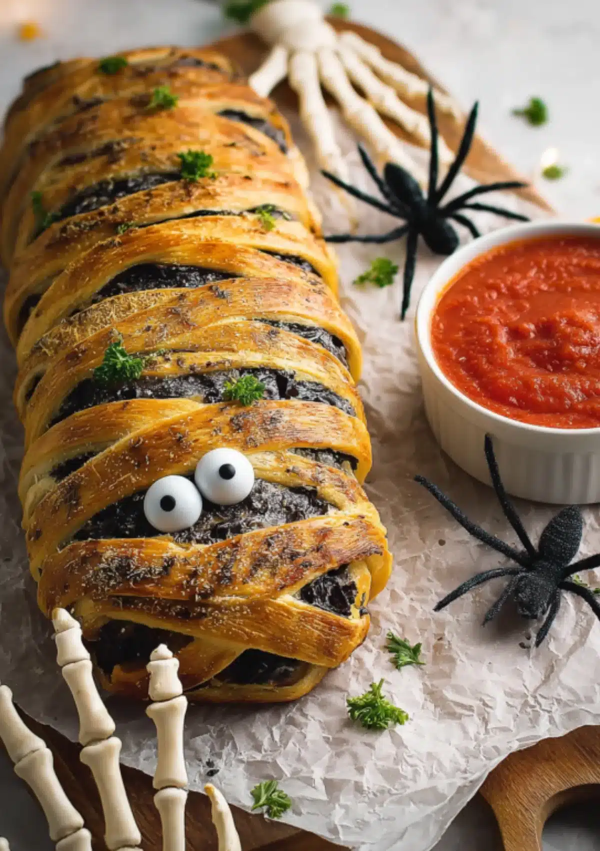 Baked mummy stromboli with diagonal cuts and candy eyes