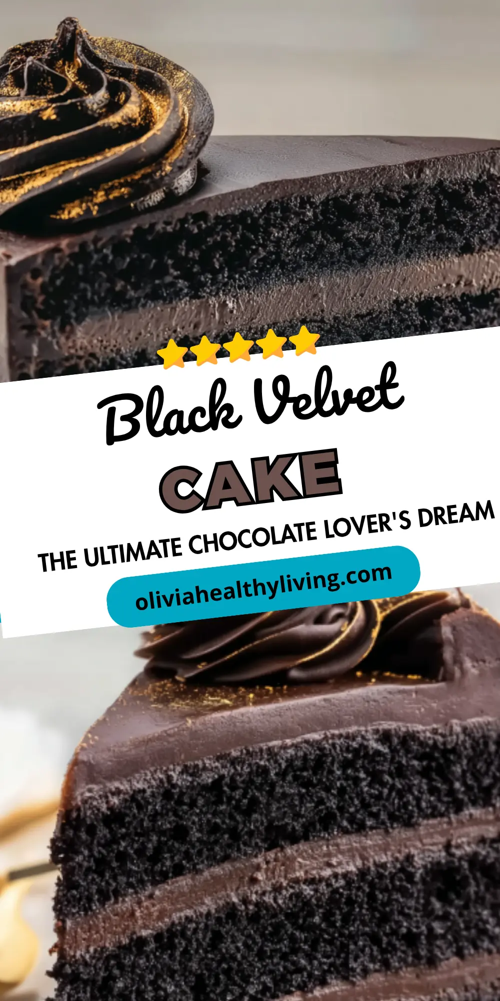Black velvet cake promotional image with recipe title