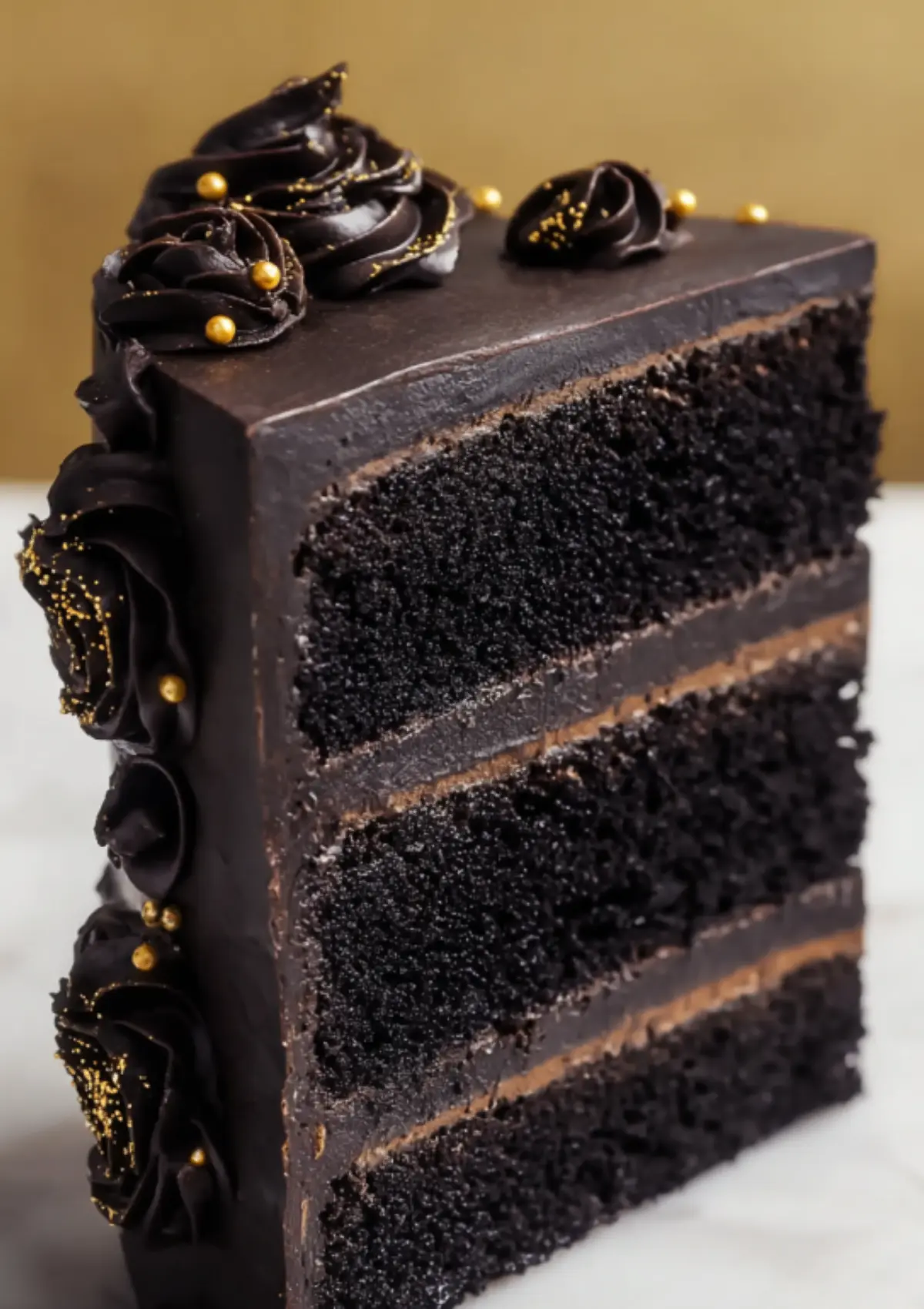 Black velvet layer cake slice with chocolate roses on side