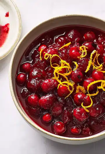 Bowl of cranberry sauce with serving spoon