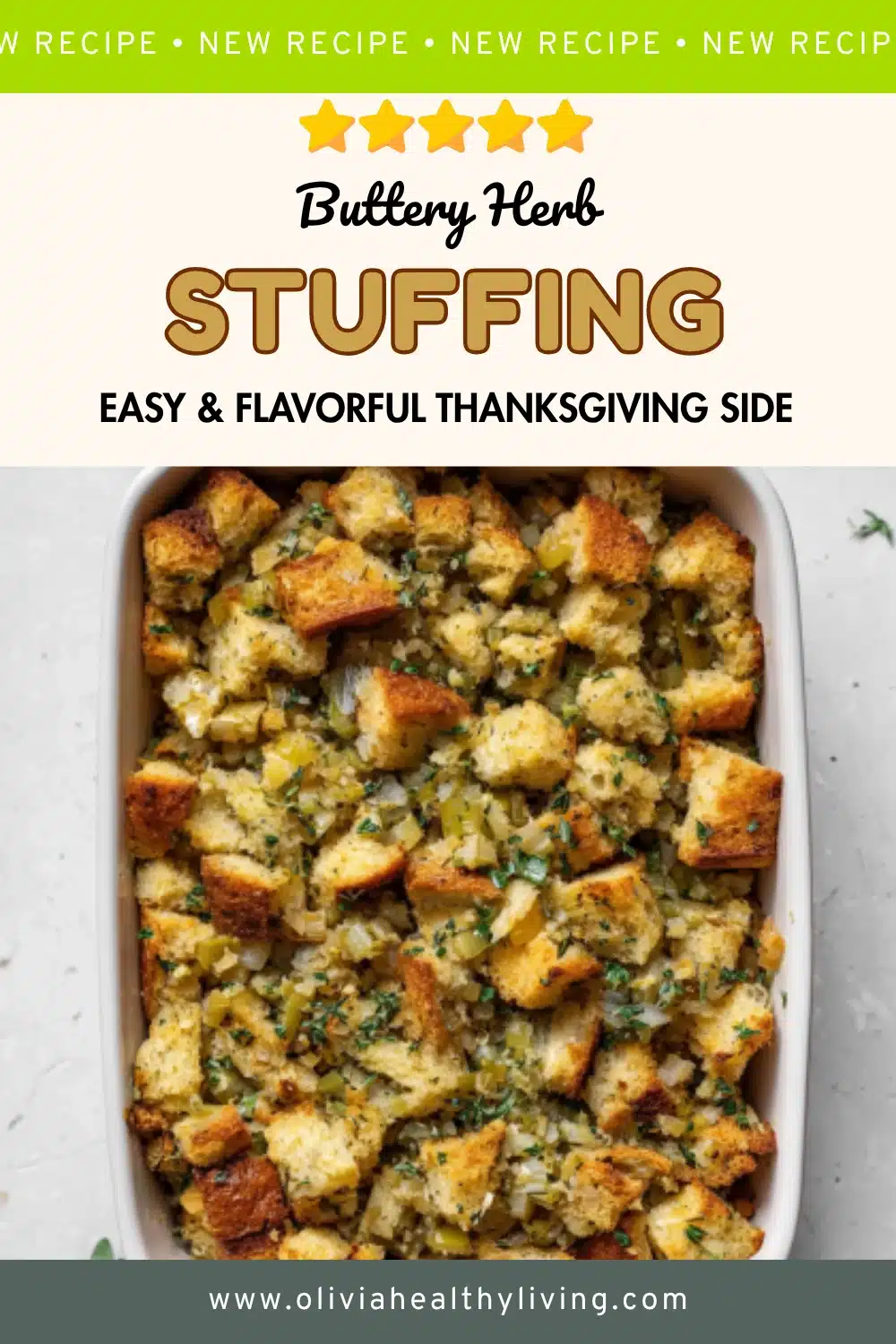 Buttery herb stuffing in white baking dish