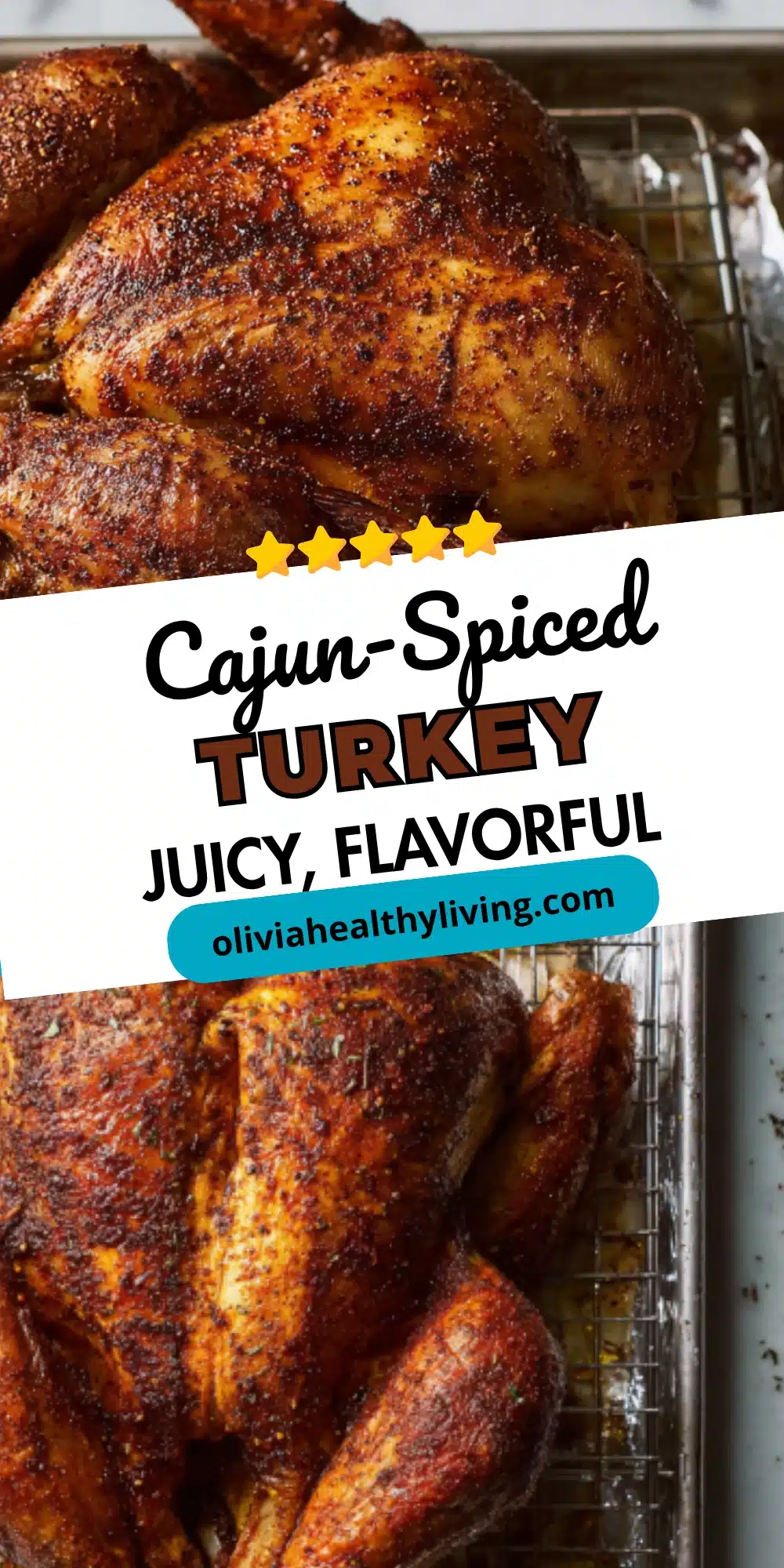 Cajun-spiced roasted turkey on cooling rack