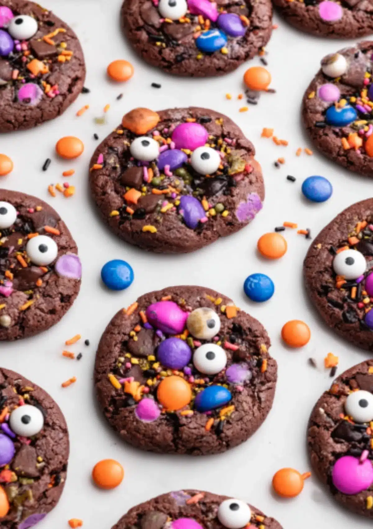 Chocolate Halloween cookies with candy decorations