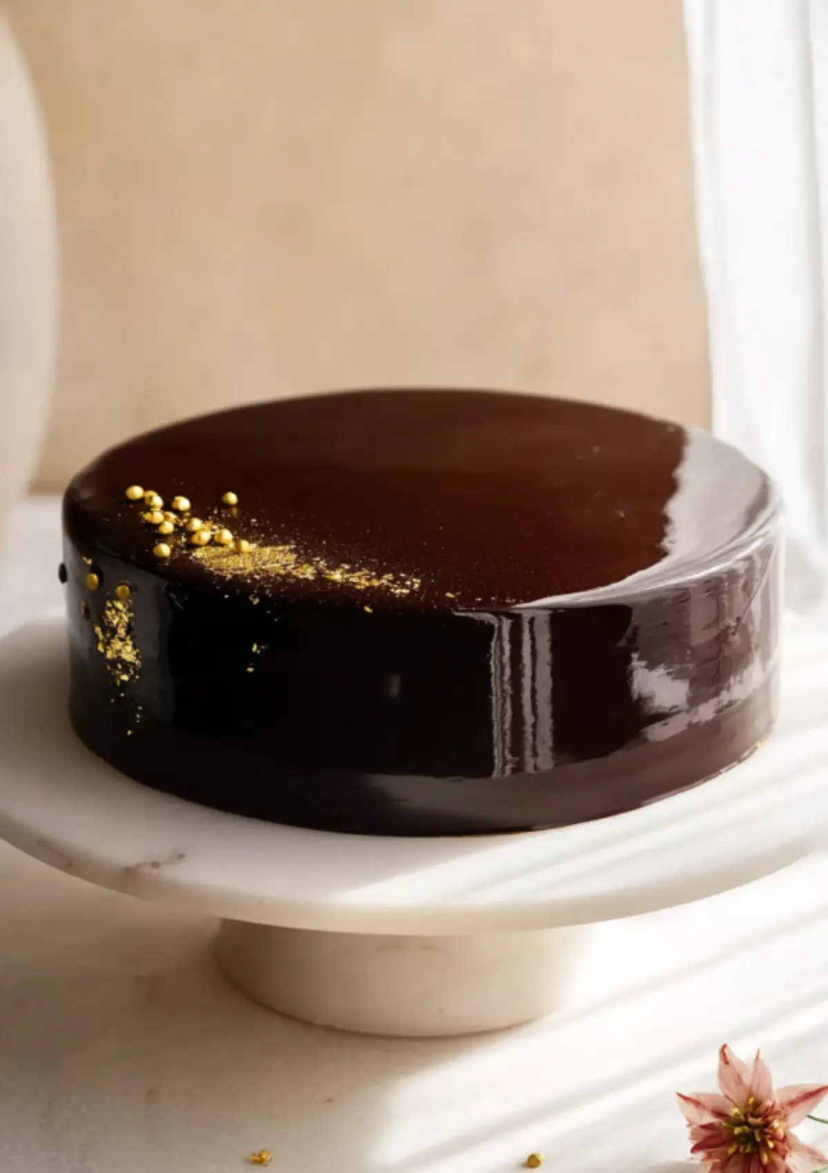 Chocolate cake with shiny mirror glaze on white stand