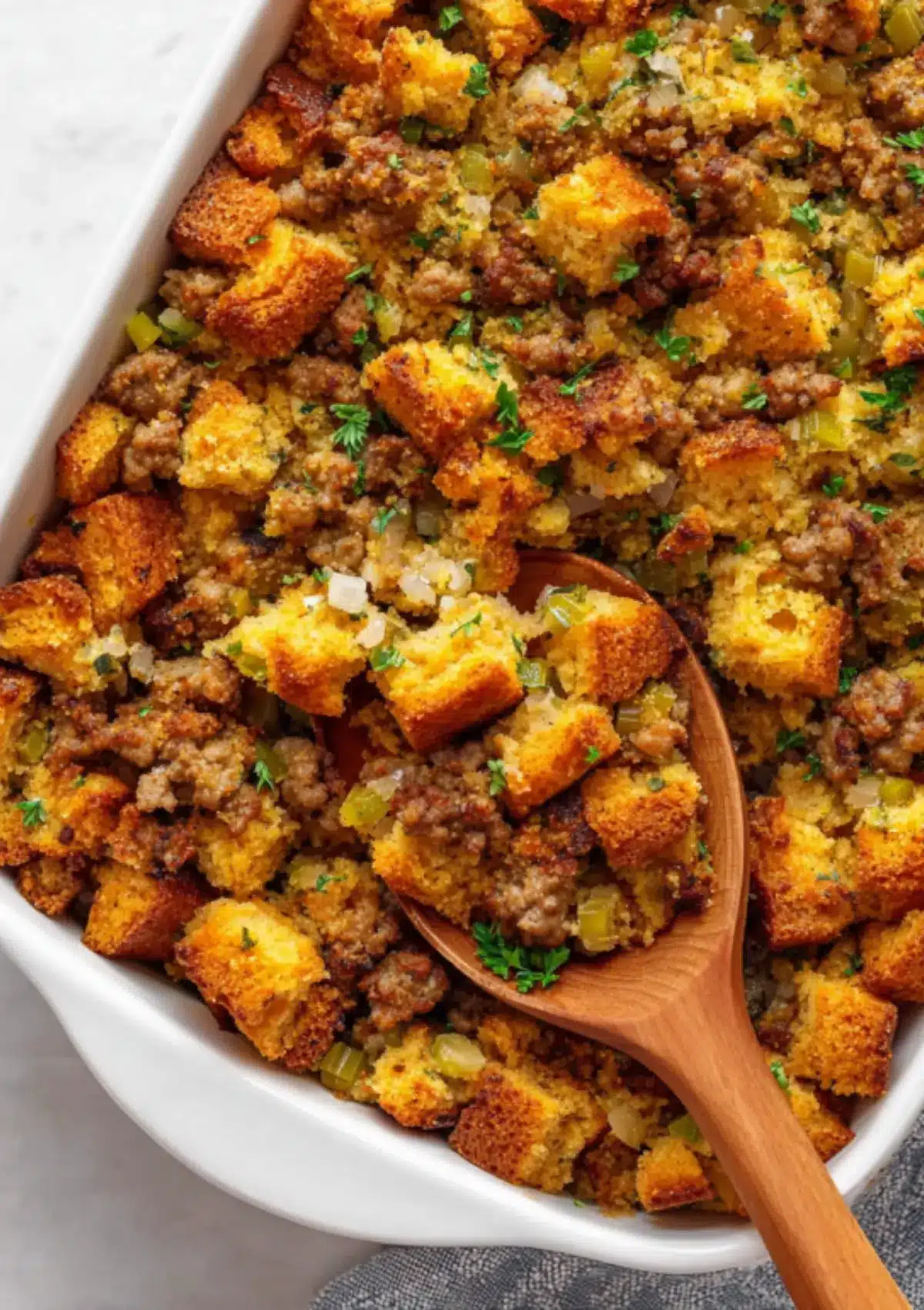 Close-up of cornbread stuffing with wooden spoon