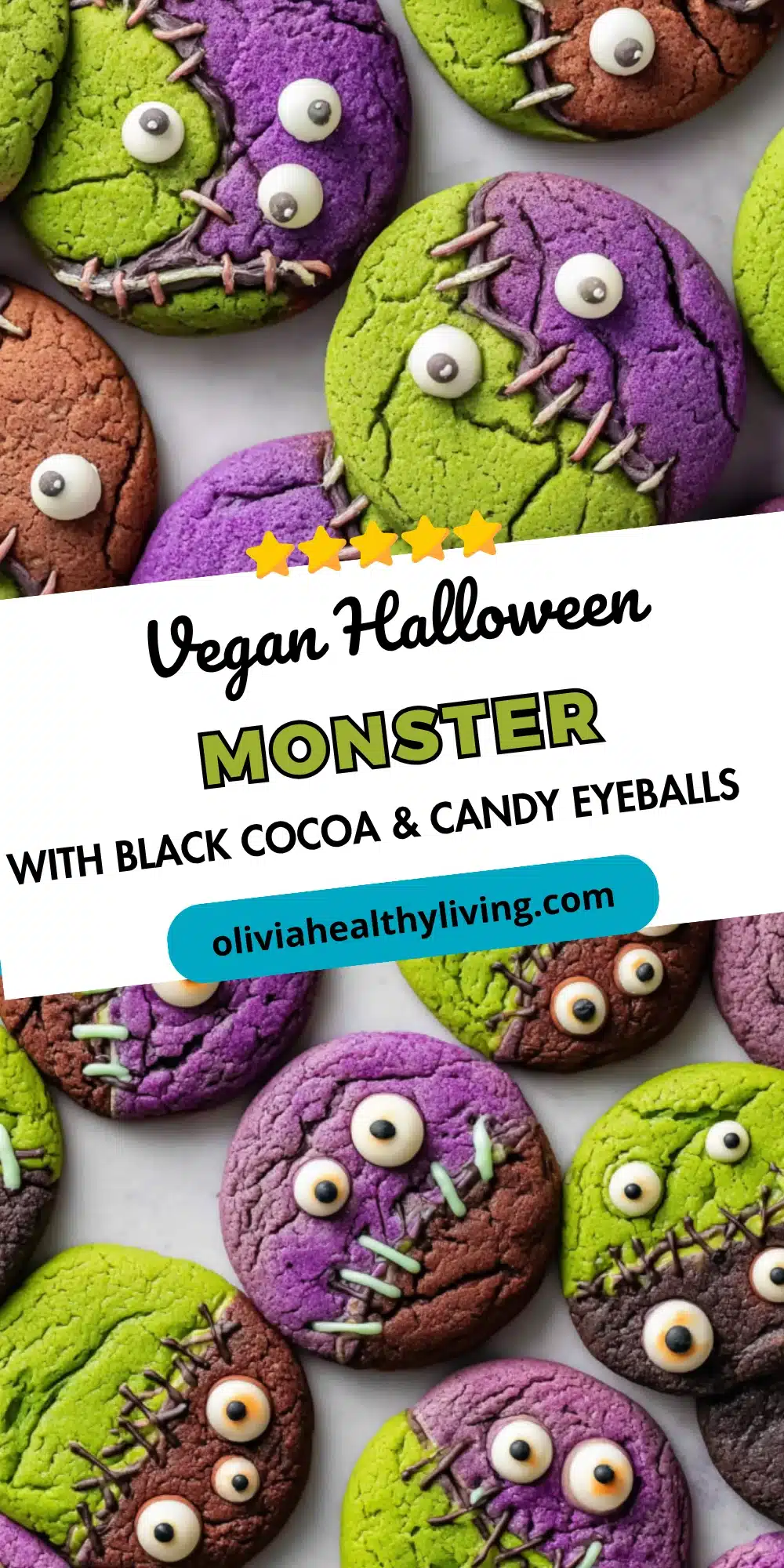 Close-up of decorated monster cookies with five-star rating