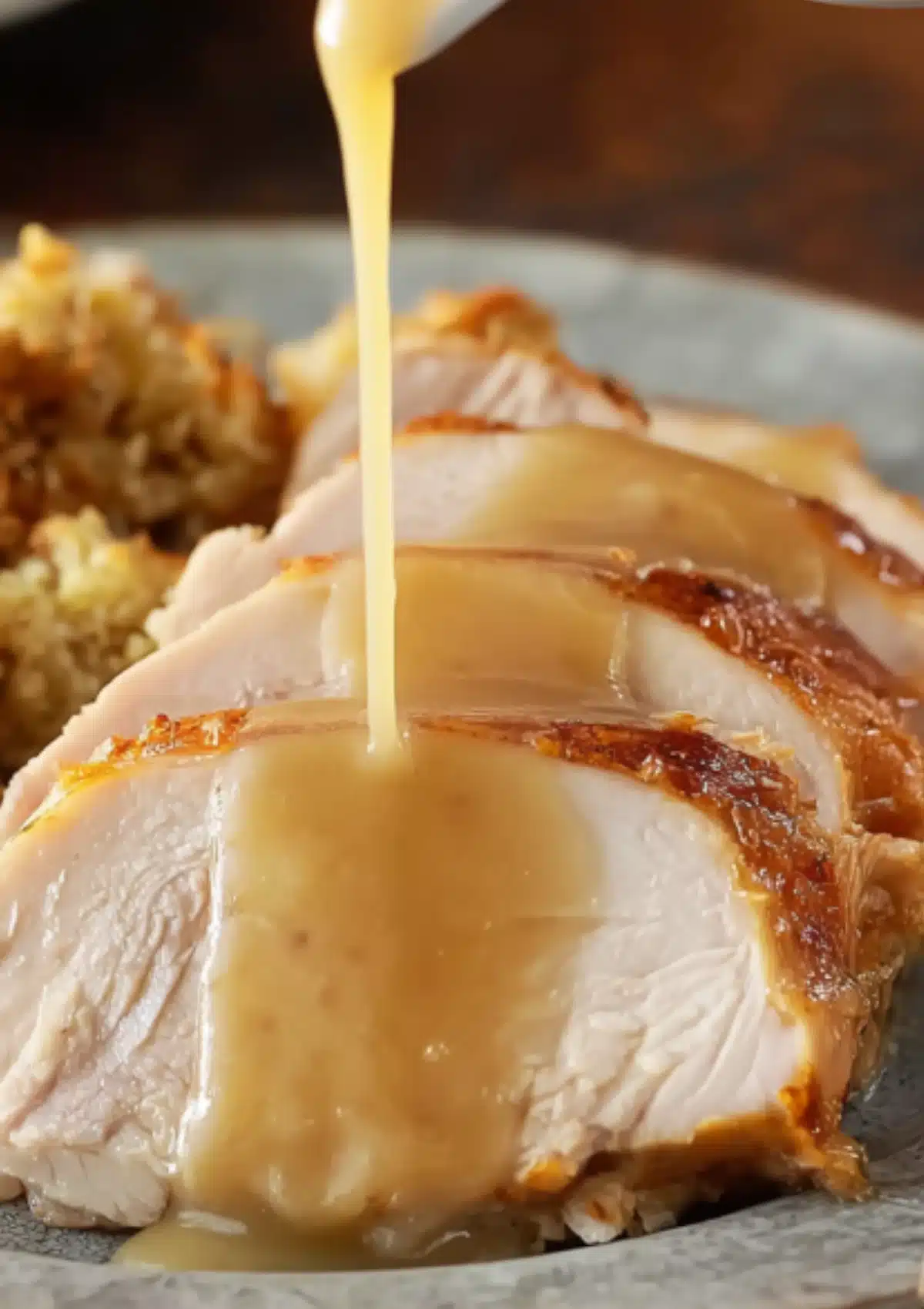 Close-up of gravy pour over turkey