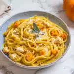 Close-up of pumpkin fettuccine with sage and parmesan