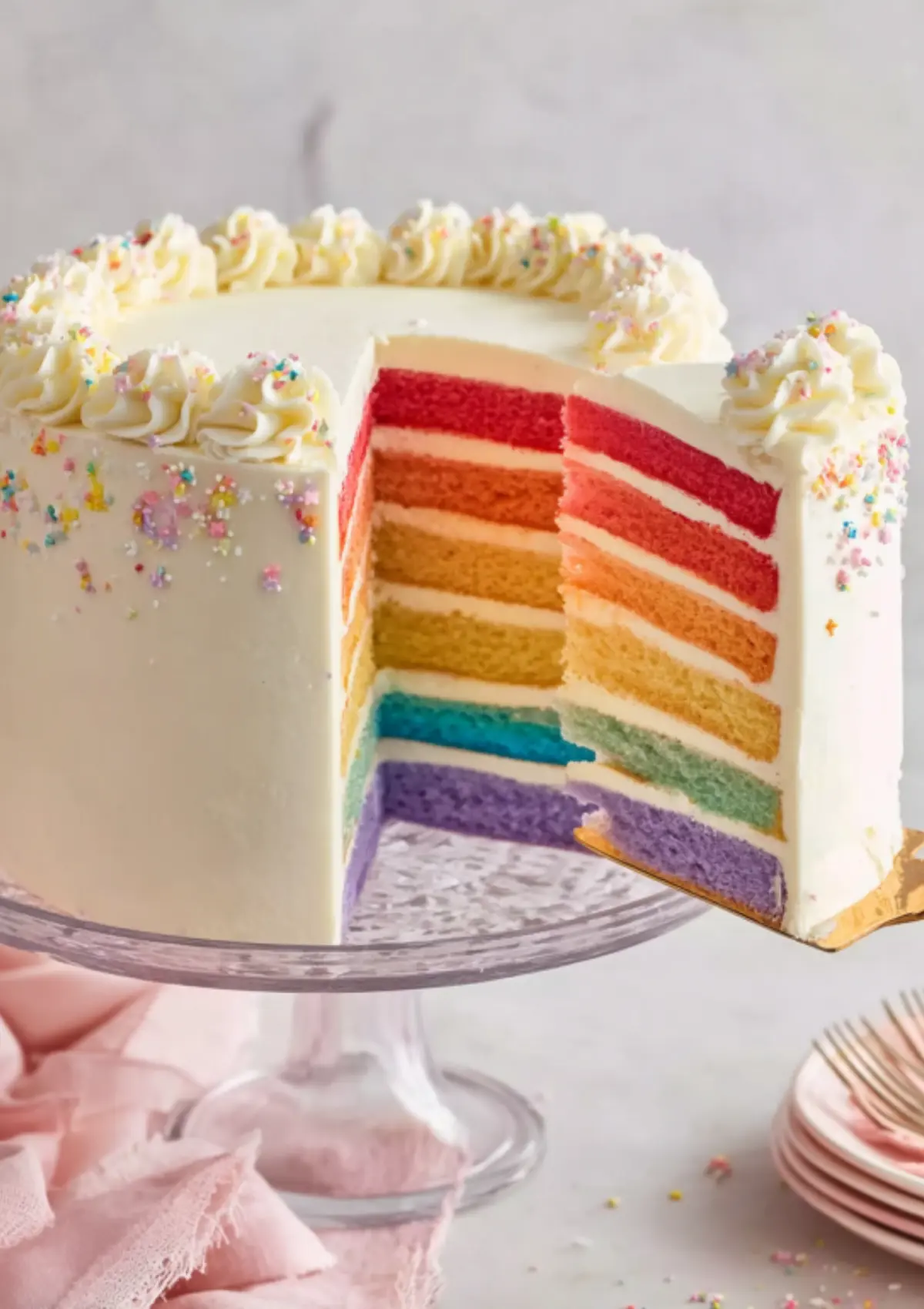 Close-up of rainbow cake slice showing all six colored layers
