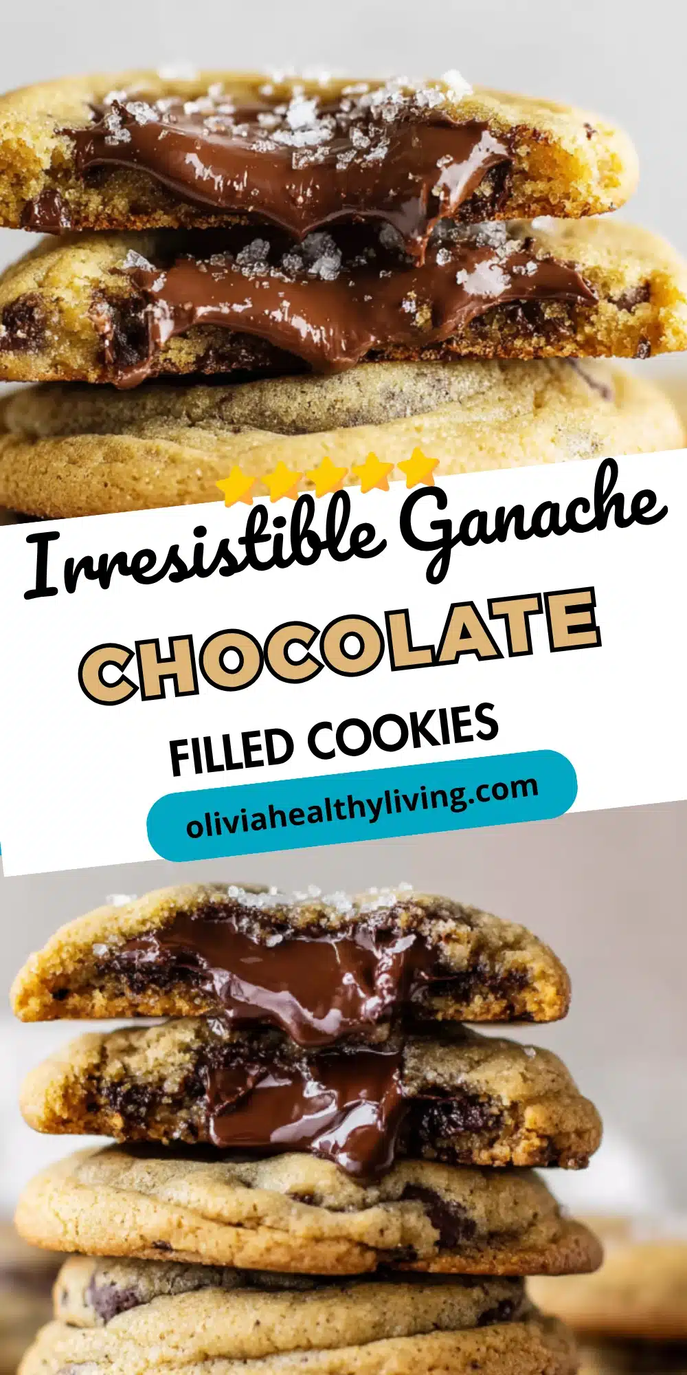 Close-up of stacked cookies with oozing chocolate ganache