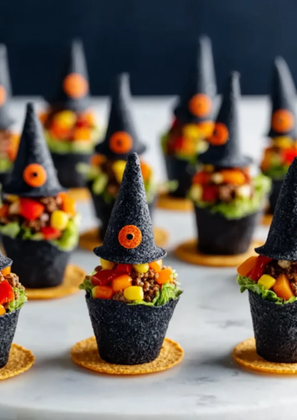Close up of witch hat taco cone appetizers with orange decorations