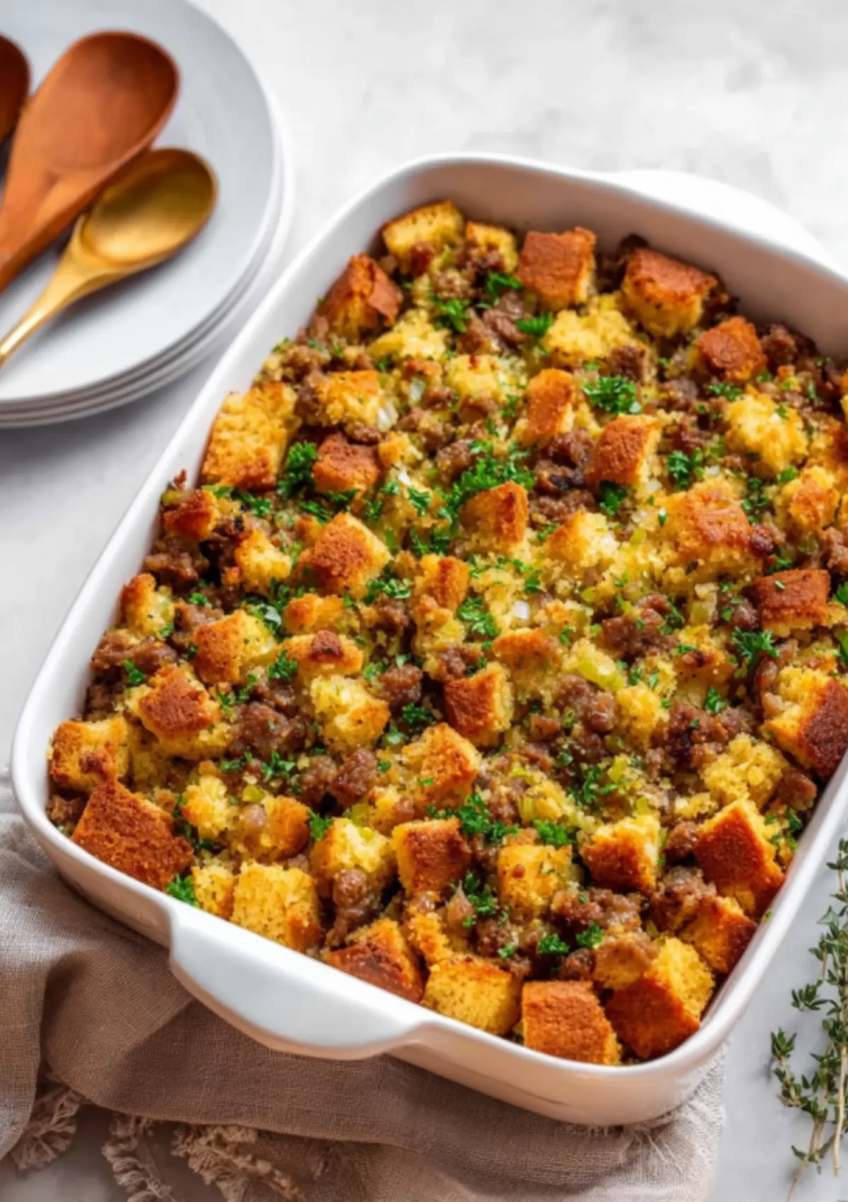 Cornbread stuffing in white casserole dish with parsley garnish