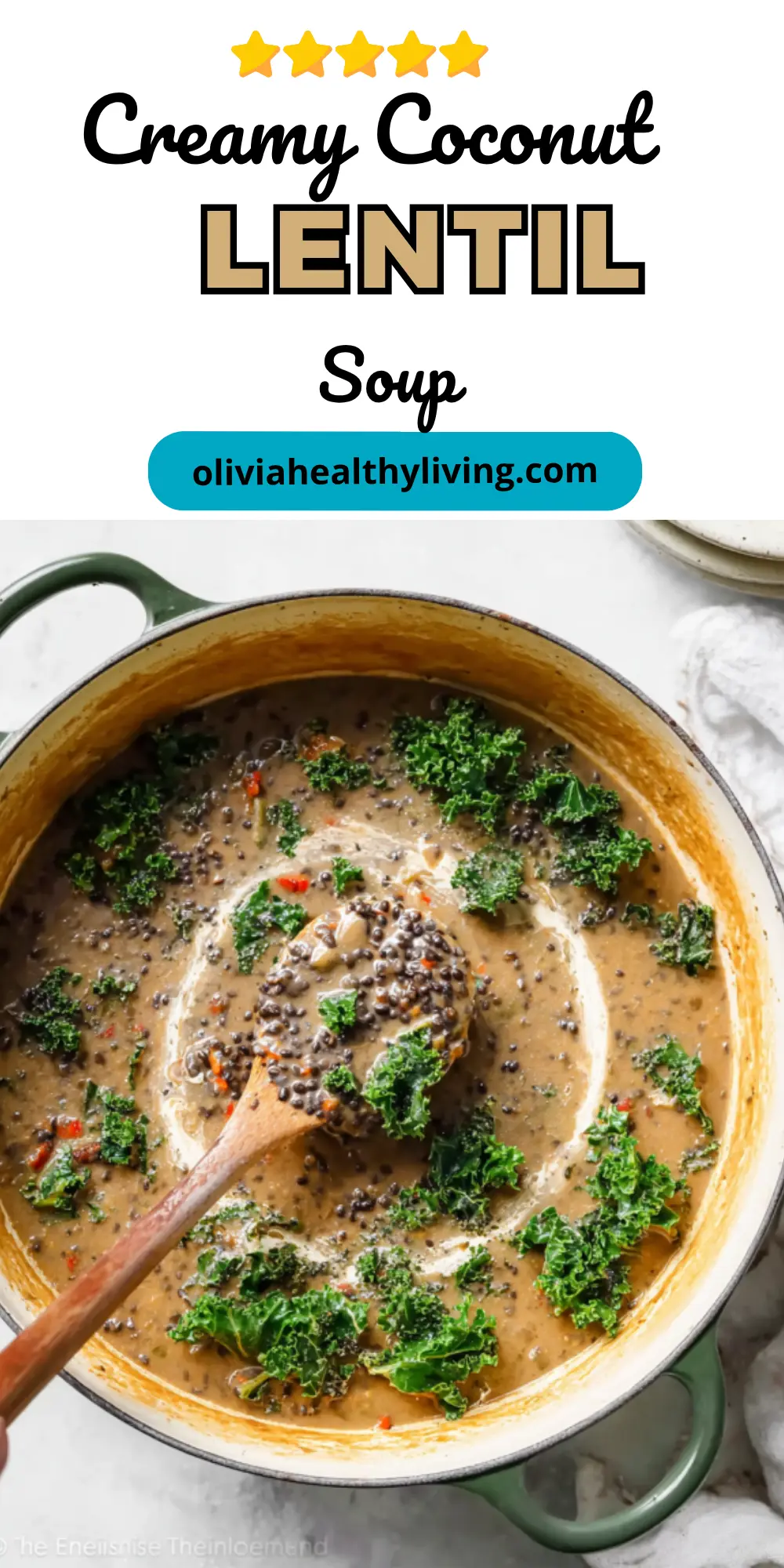 Creamy Coconut Lentil Soup recipe title card with 5 stars