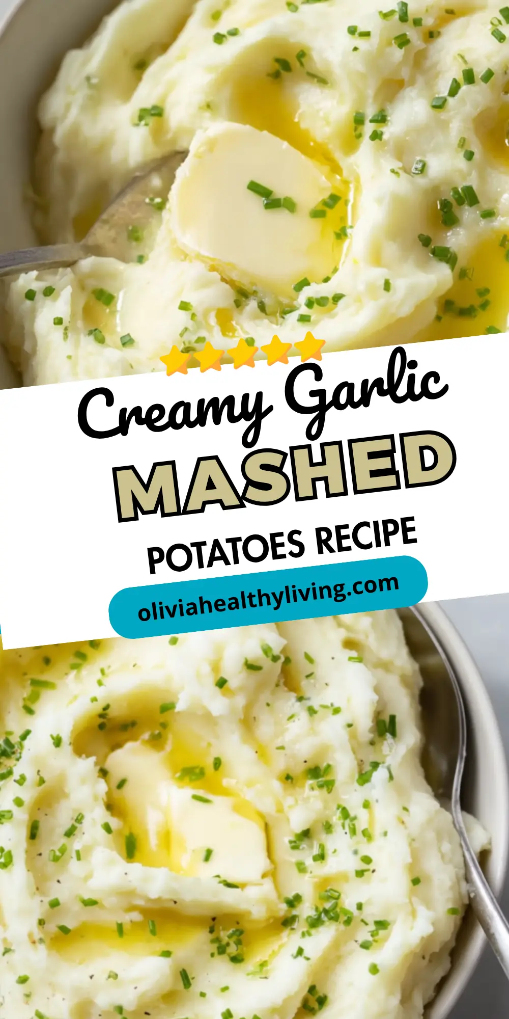Creamy garlic mashed potatoes with butter and chives in white bowl