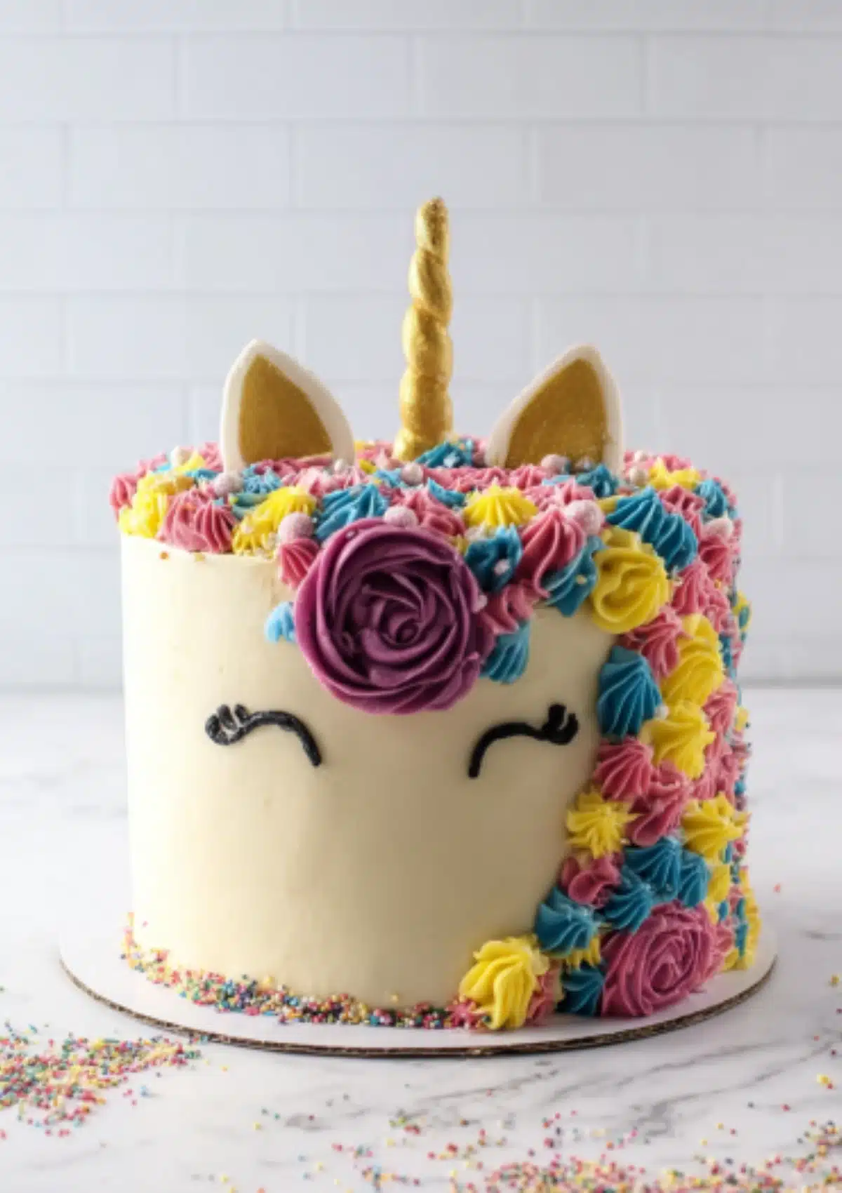 Front view of unicorn cake with piped eyelashes