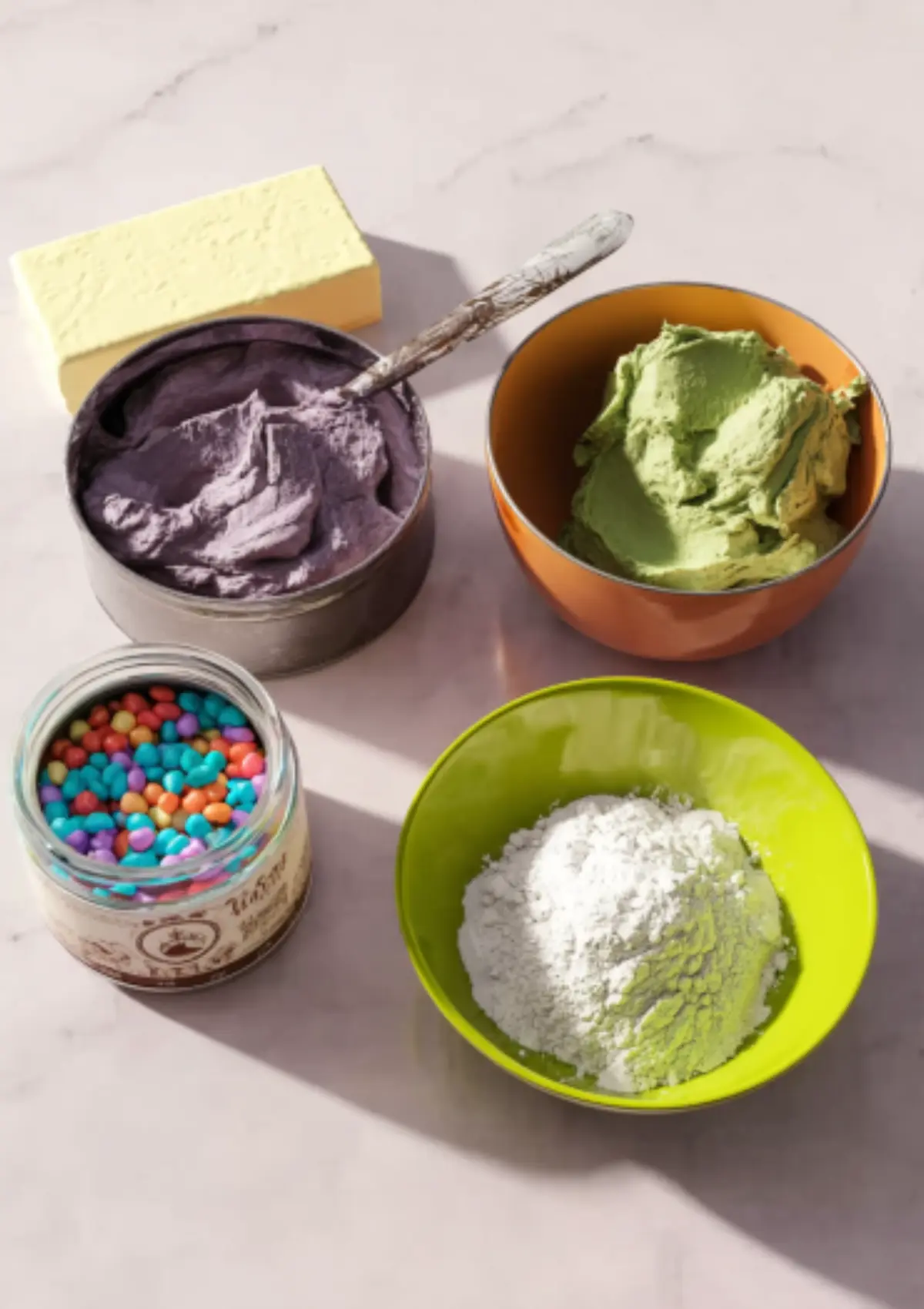 Frosting bowls with butter and sprinkles for decorating