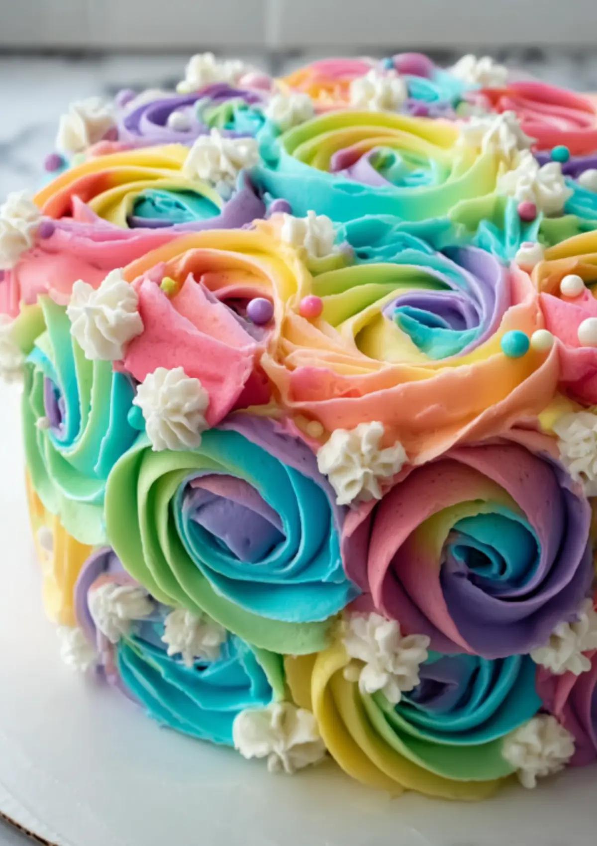 Full rainbow rose buttercream cake with white flowers