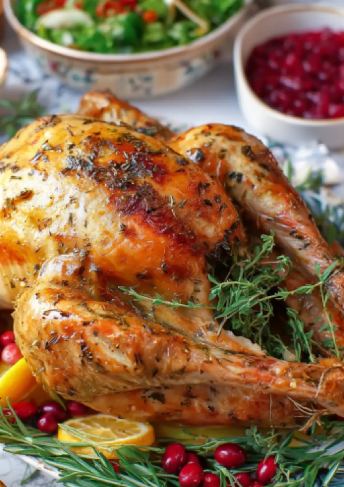 Golden herb-roasted turkey with cranberries and lemon garnish