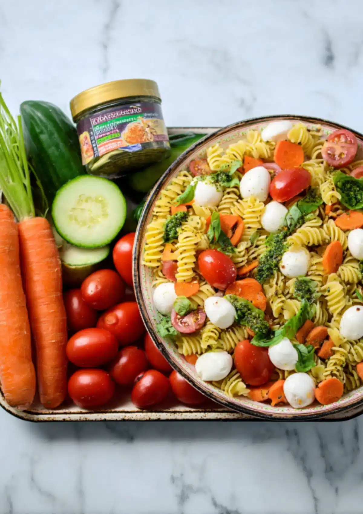 Halloween pasta salad with fresh vegetables and ingredients displayed on marble surface