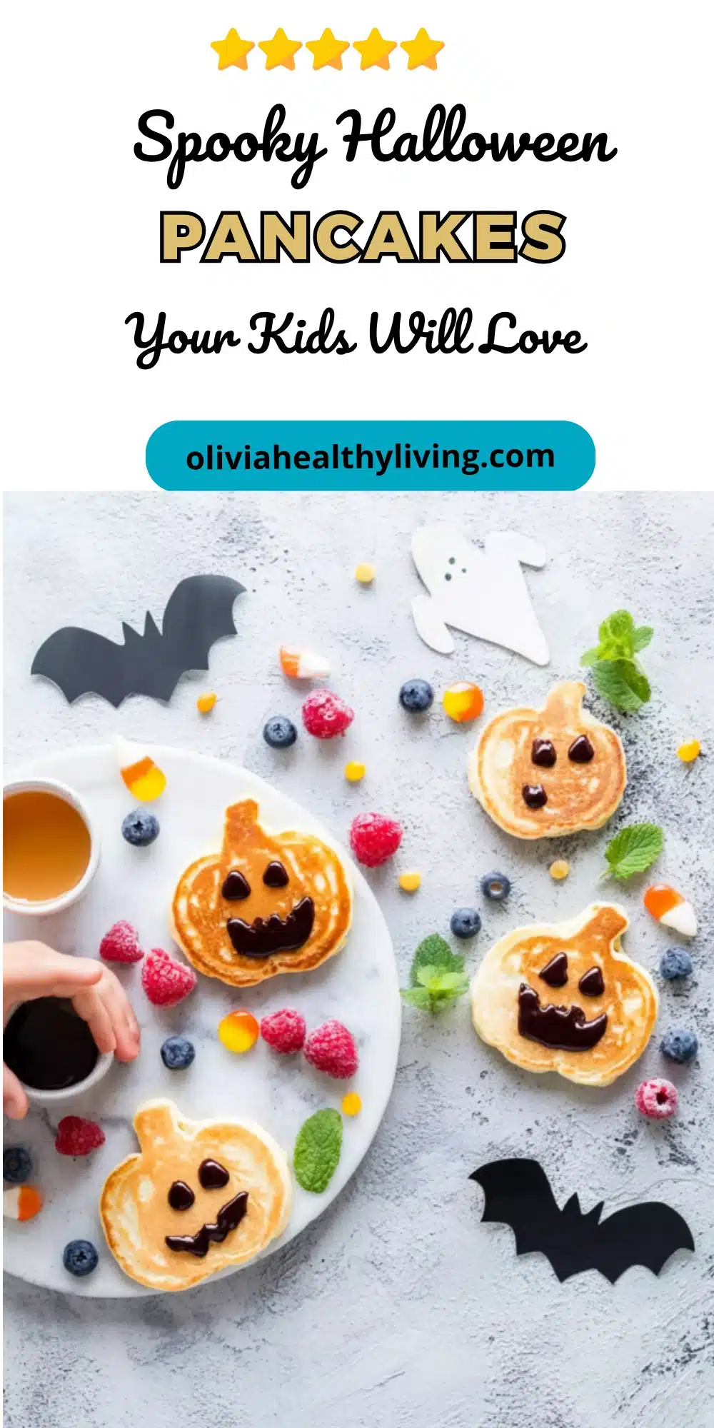 Halloween pumpkin pancakes with chocolate jack-o'-lantern faces