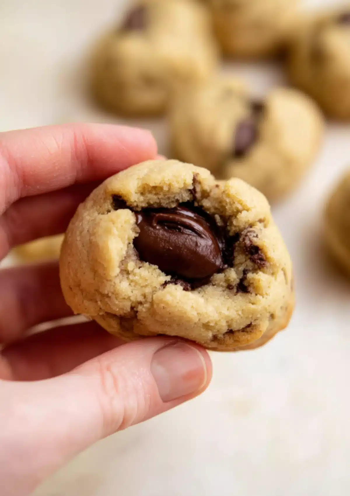 Hand holding chocolate-filled cookie showing molten center