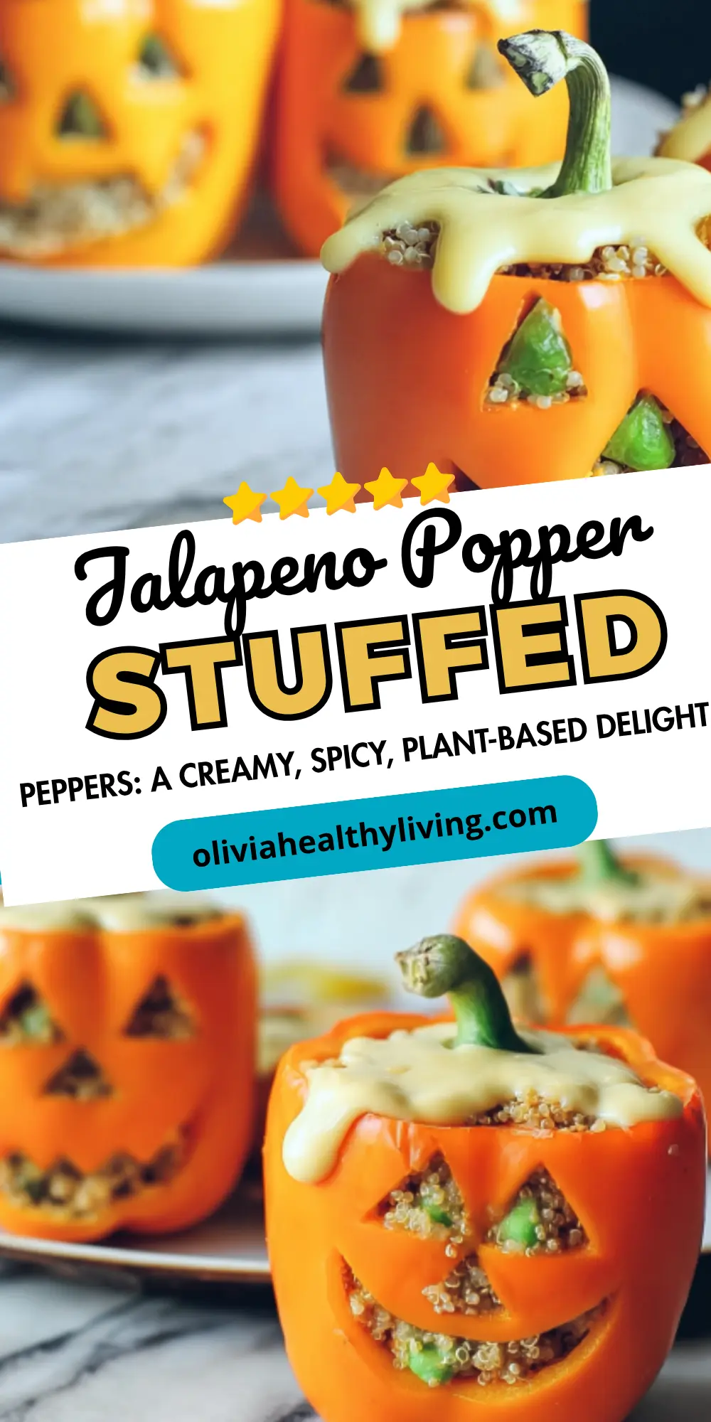 Jalapeno popper stuffed peppers with jack-o'-lantern faces and creamy sauce
