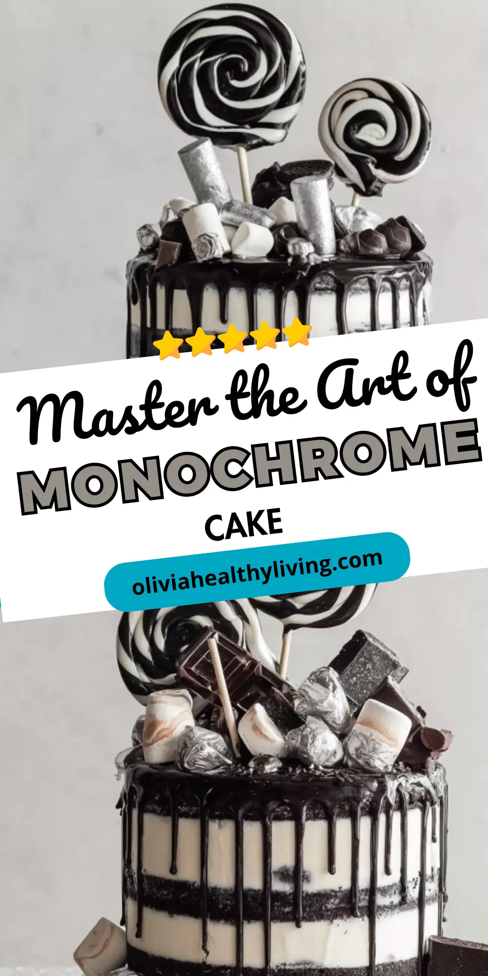 Monochrome cake with text overlay for recipe