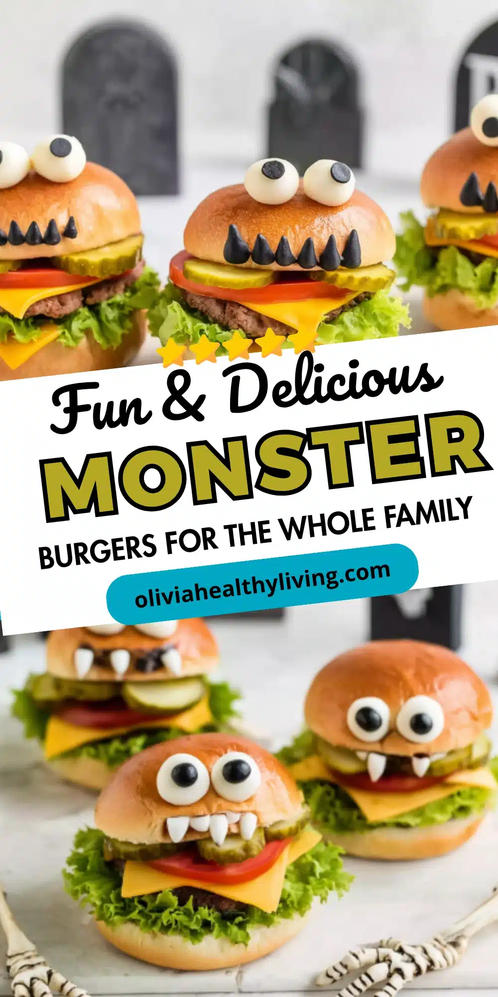 Monster burgers with candy eyes and cheese teeth on white background