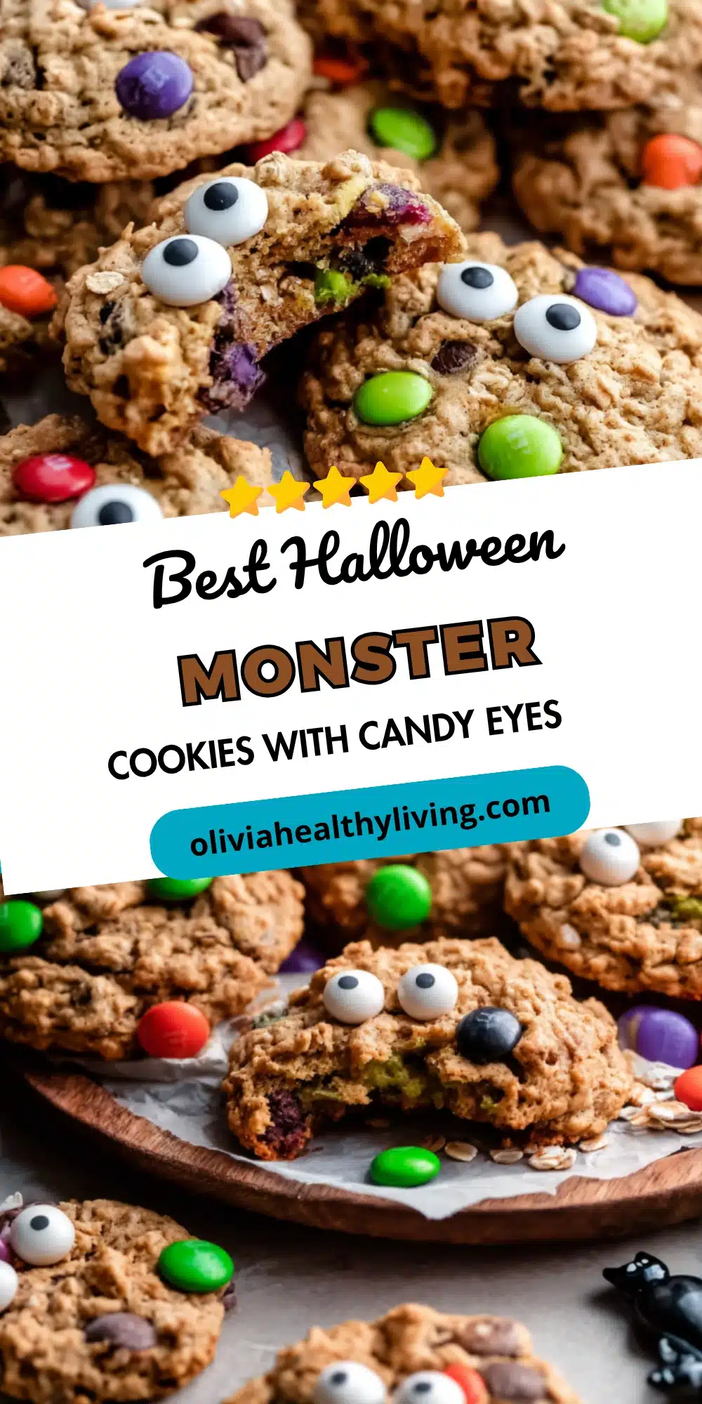 Monster cookies with candy eyes and colorful M&Ms on wooden board