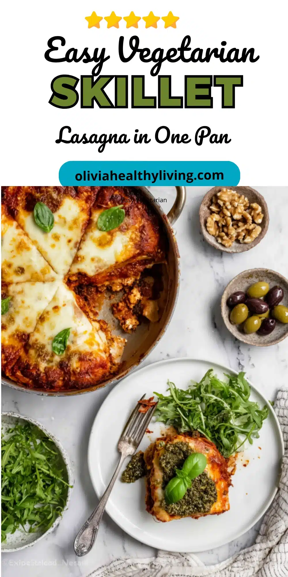 One-pan lasagna topped with mozzarella and pesto