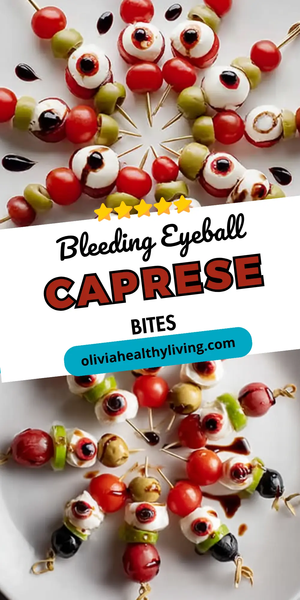 Overhead view of eyeball caprese skewers with balsamic drops on white background