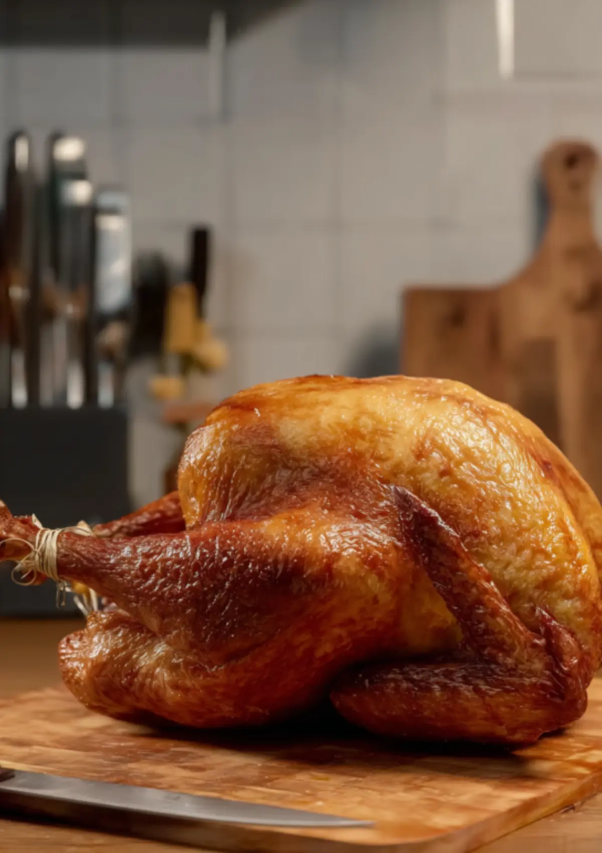Perfectly cooked fried turkey on wooden cutting board