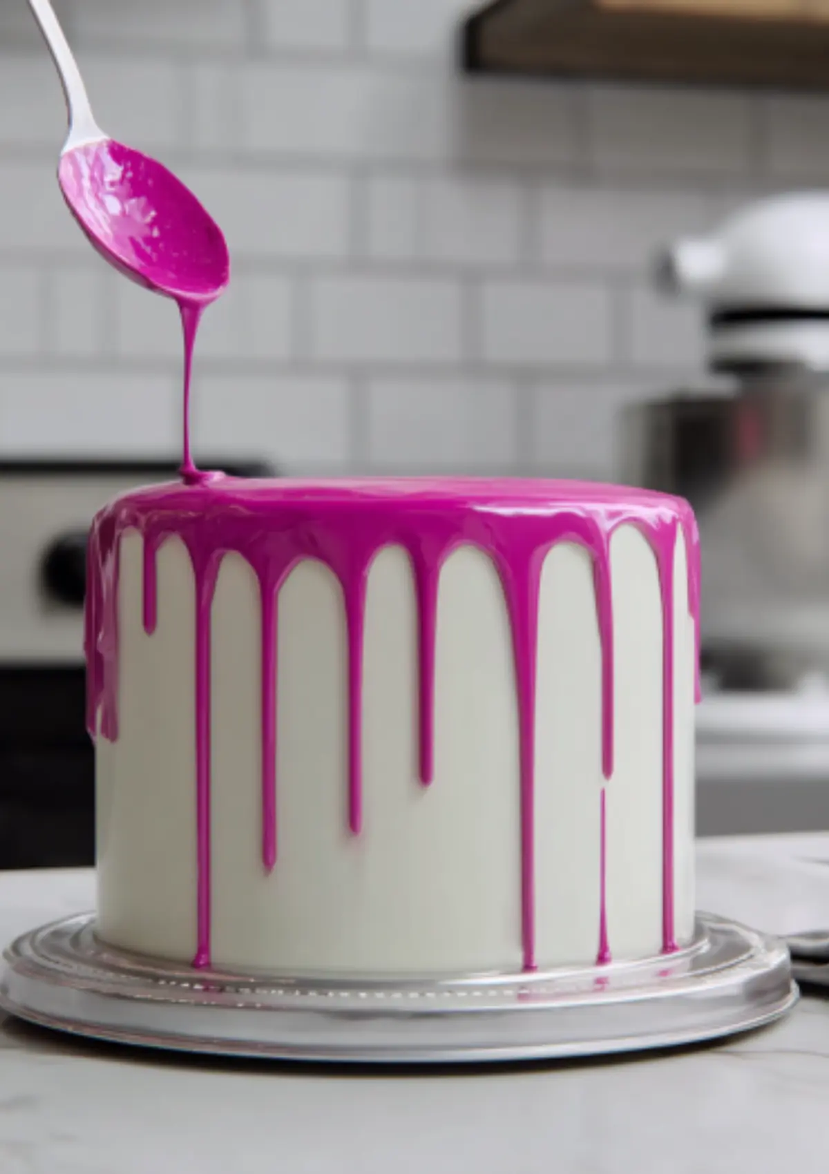 Pink ganache being poured from spoon onto white frosted cake