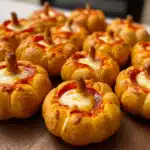 Pumpkin pizza bombs arranged on wooden serving board