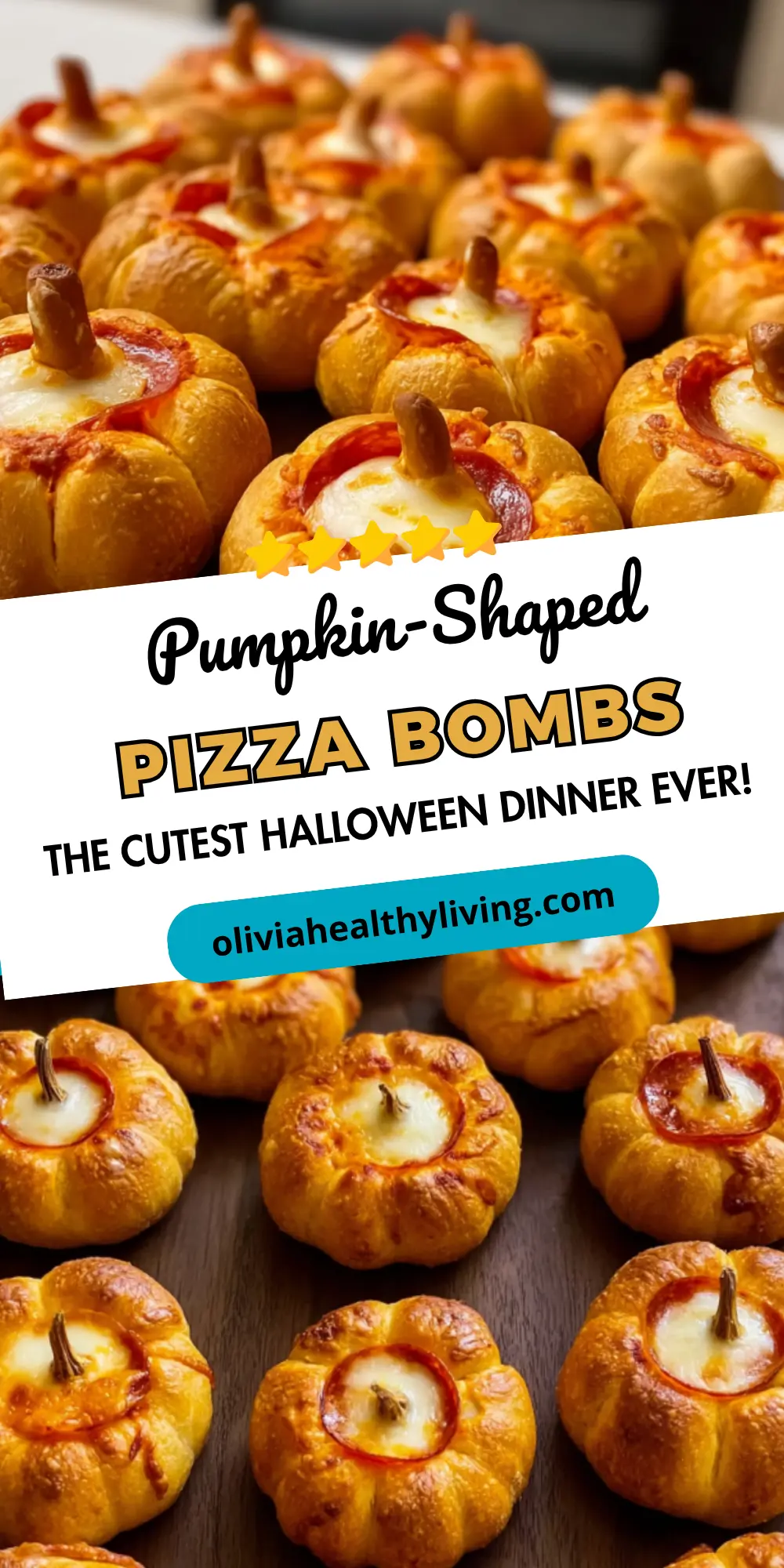 Pumpkin pizza bombs with pretzel stick stems on baking sheet