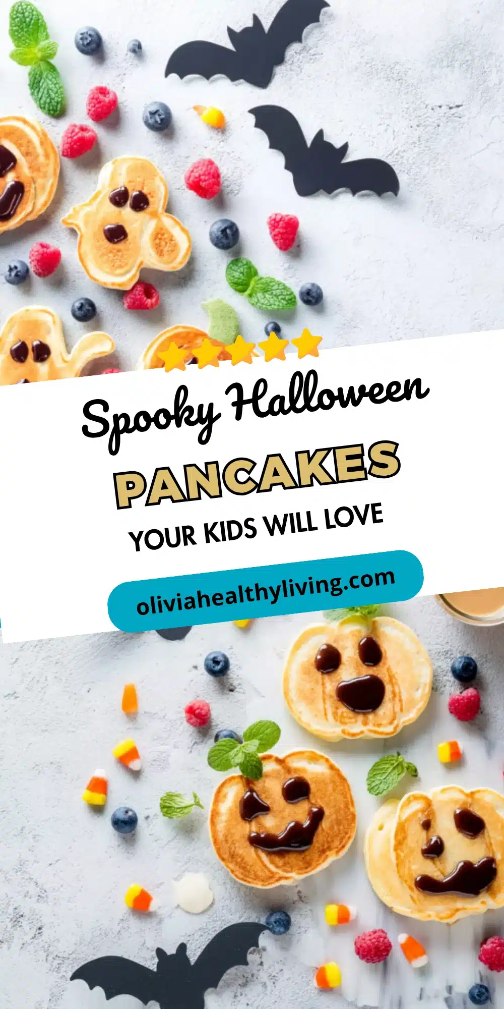 Pumpkin-shaped pancakes with chocolate faces and berries