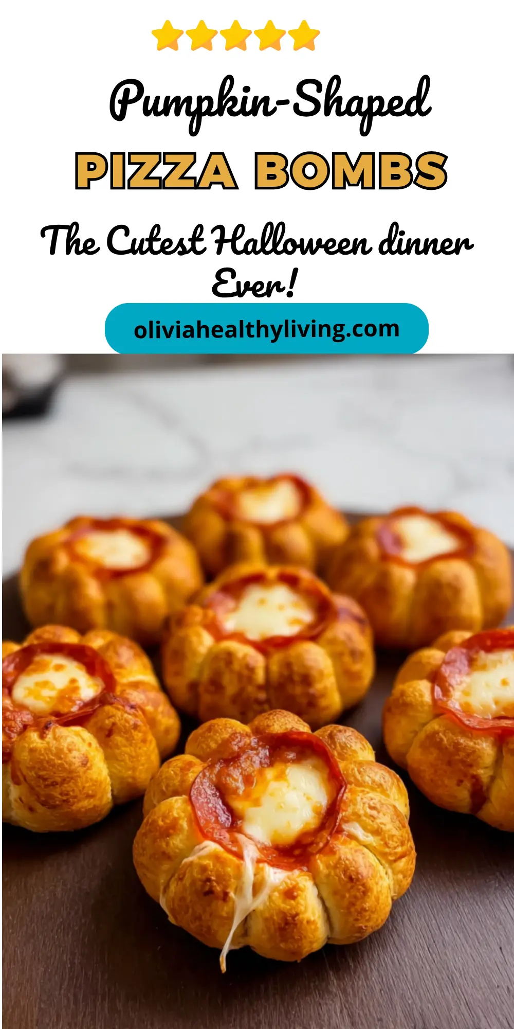 Pumpkin-shaped pizza bombs recipe pin with title text overlay