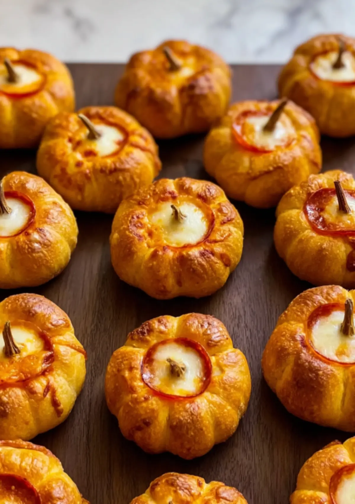 Pumpkin-shaped pizza bombs with melted cheese and pepperoni on dark board