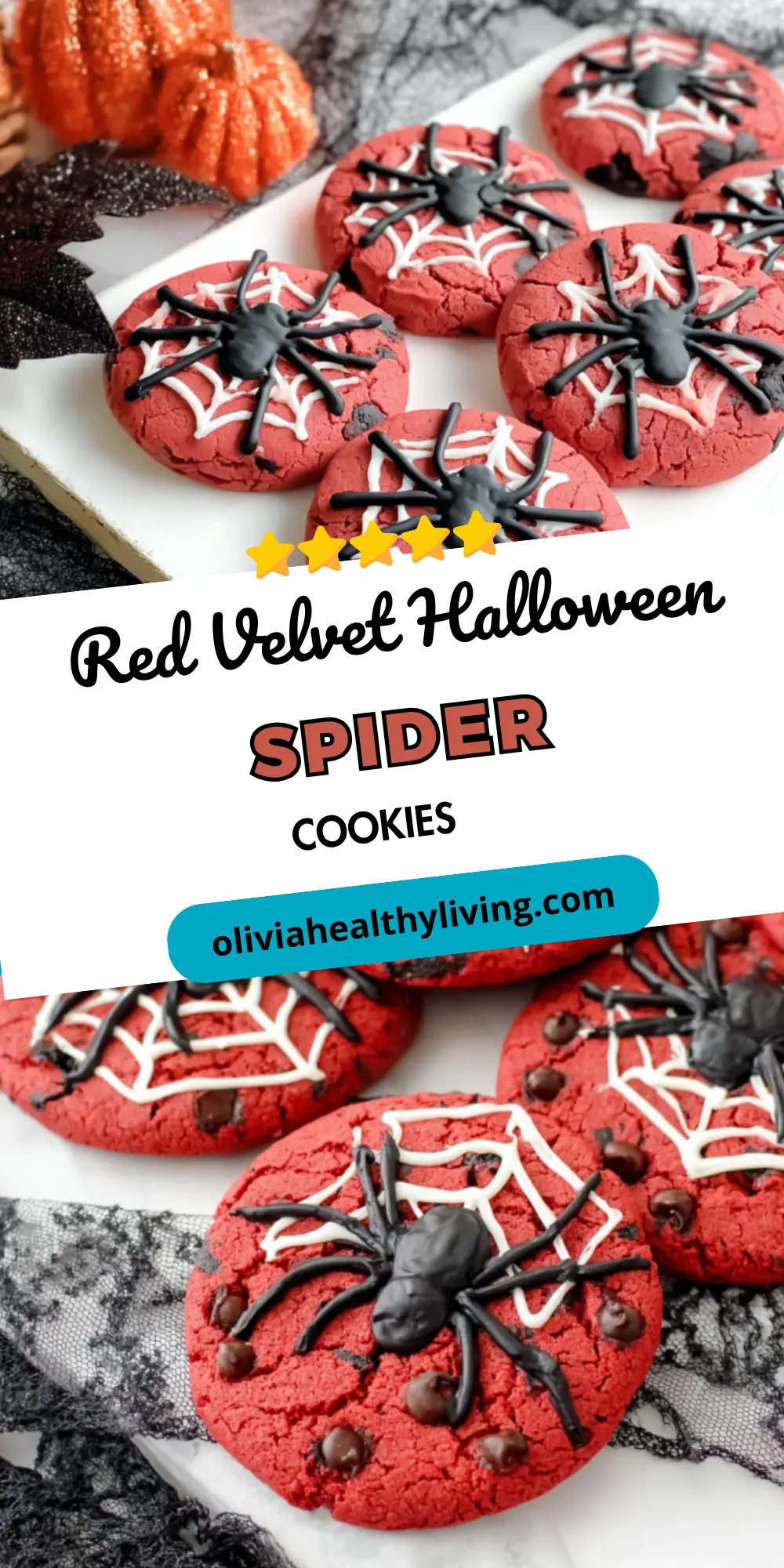 Red velvet spider cookies with white web icing and black spiders