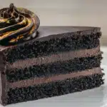 Single slice of black velvet cake with gold-dusted frosting swirl