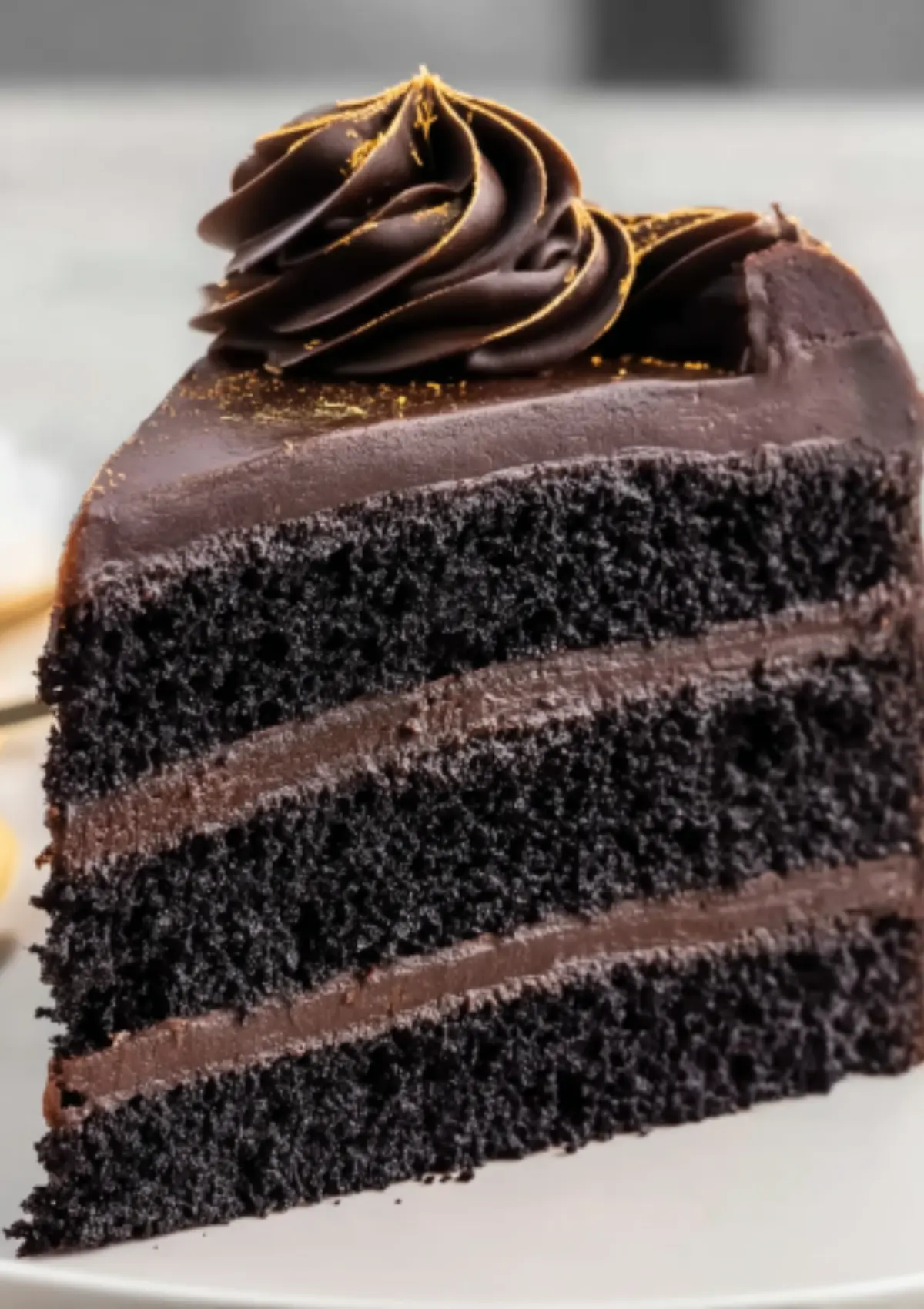 Slice of black velvet chocolate layer cake with swirled frosting