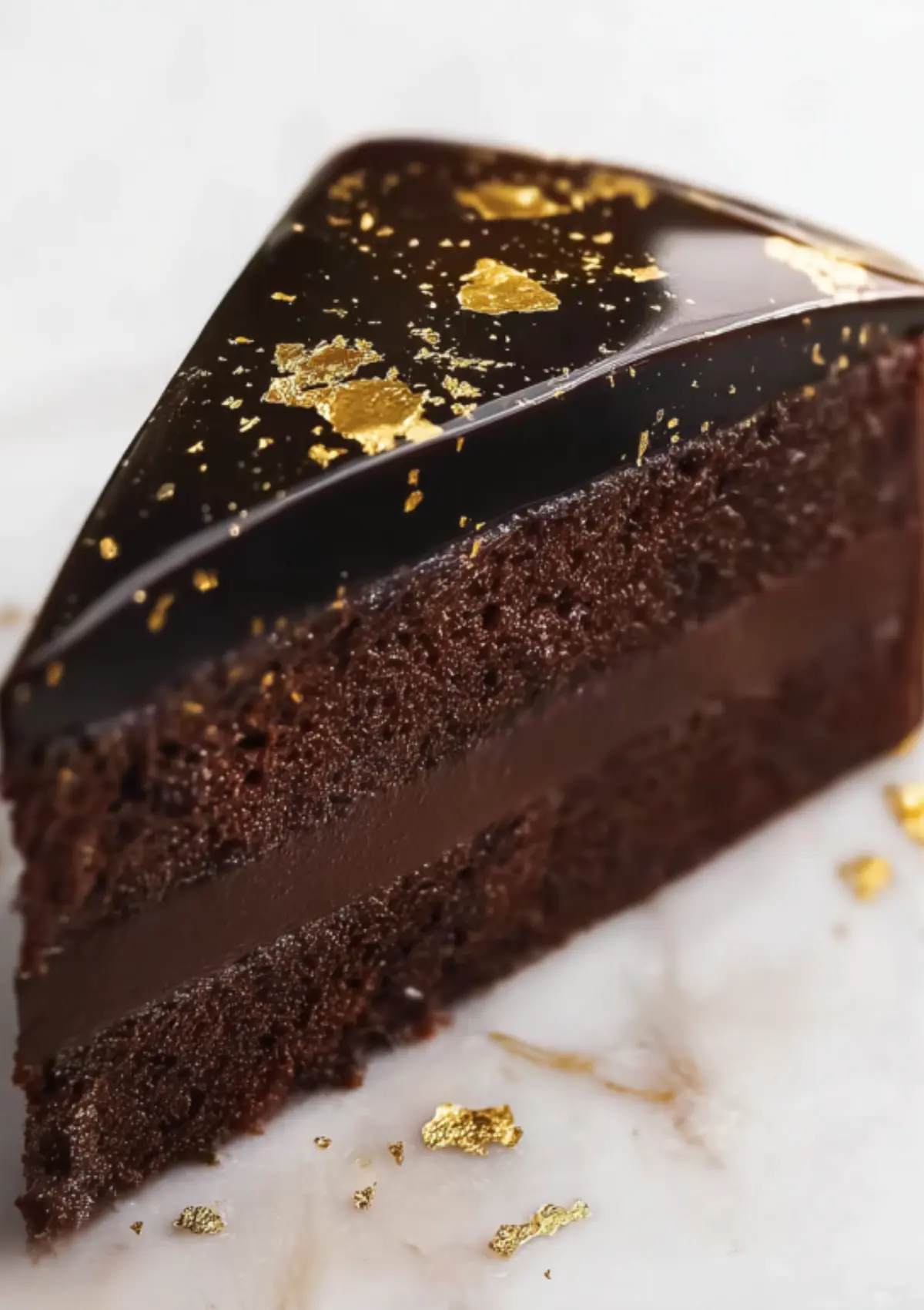 Slice of chocolate mirror glaze cake showing texture