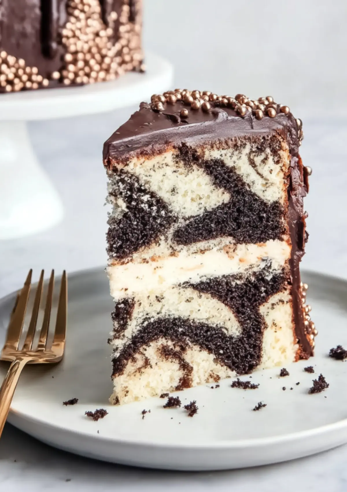 Slice of marble cake showing layers