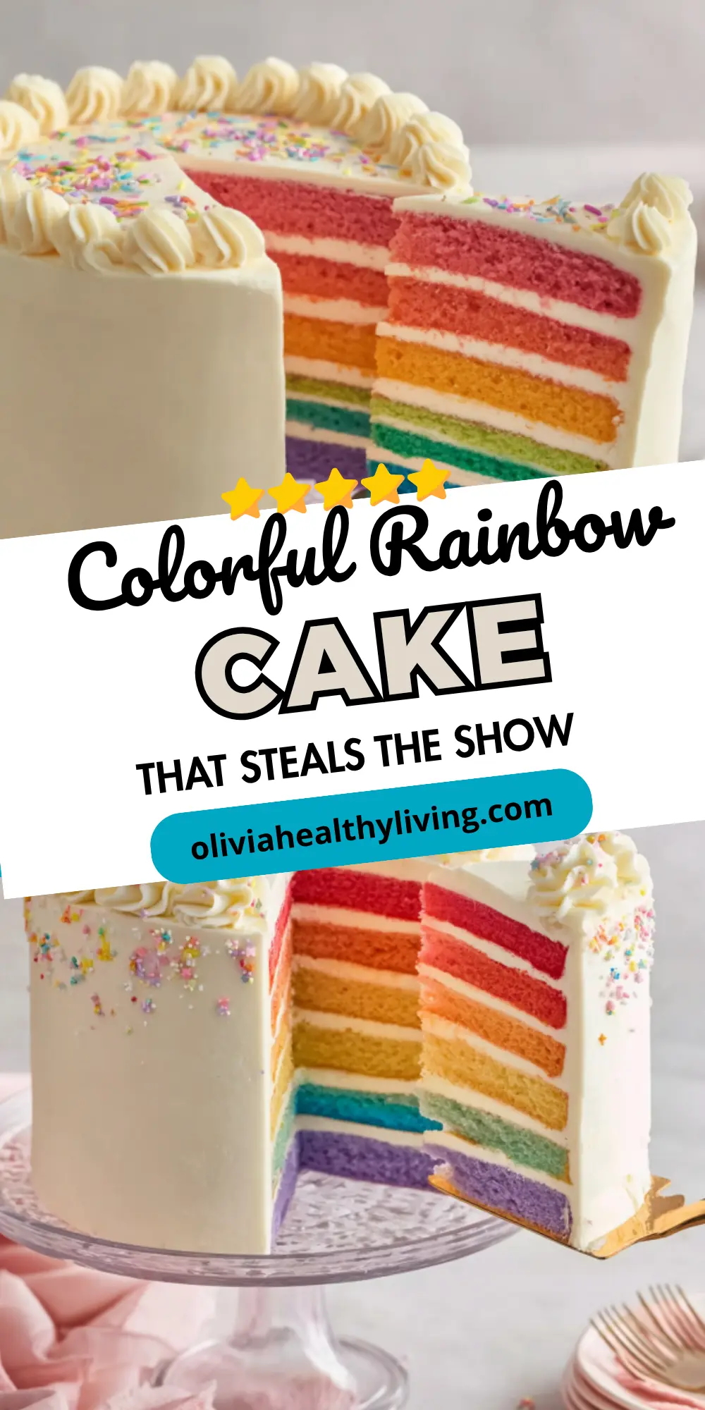 Slice of rainbow layer cake with colorful sprinkles on gold-rimmed plate